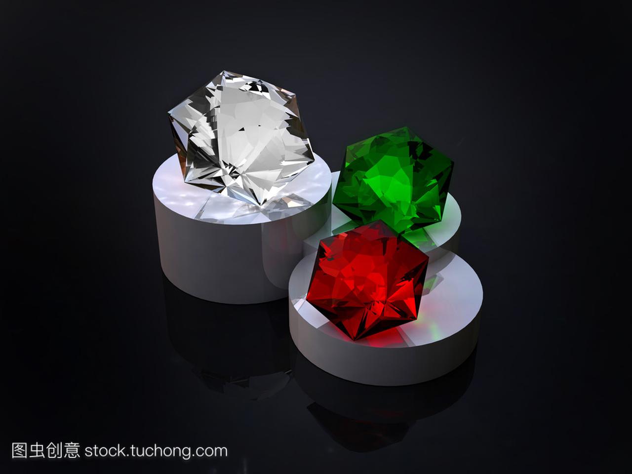 钻石、 红宝石和绿宝石在黑色的 bac