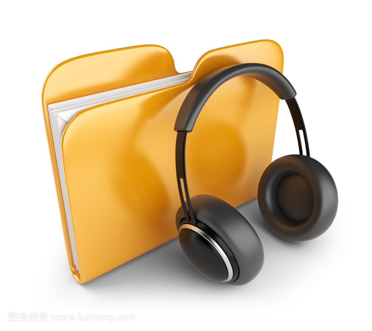 黄色带耳机的音频文件夹。孤立在白纸上的 3d