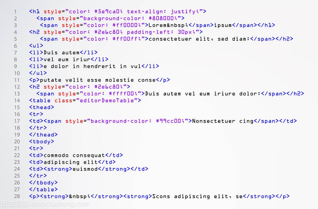 简单的 html 代码向量。在开发人员看来多彩抽