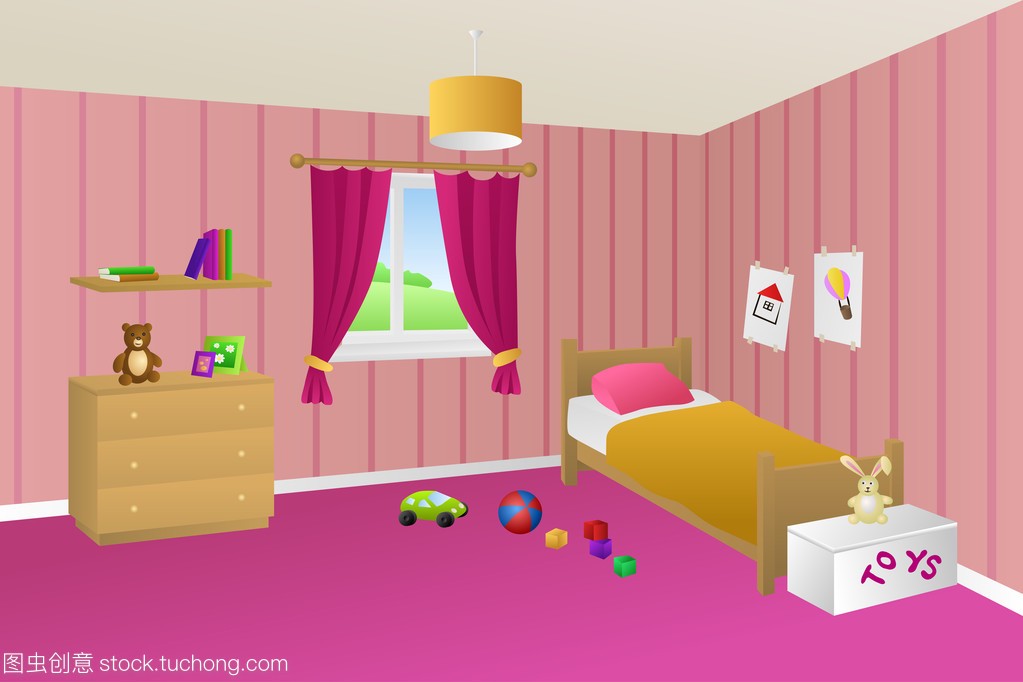 孩子床粉红色房间室内玩具窗口图矢量