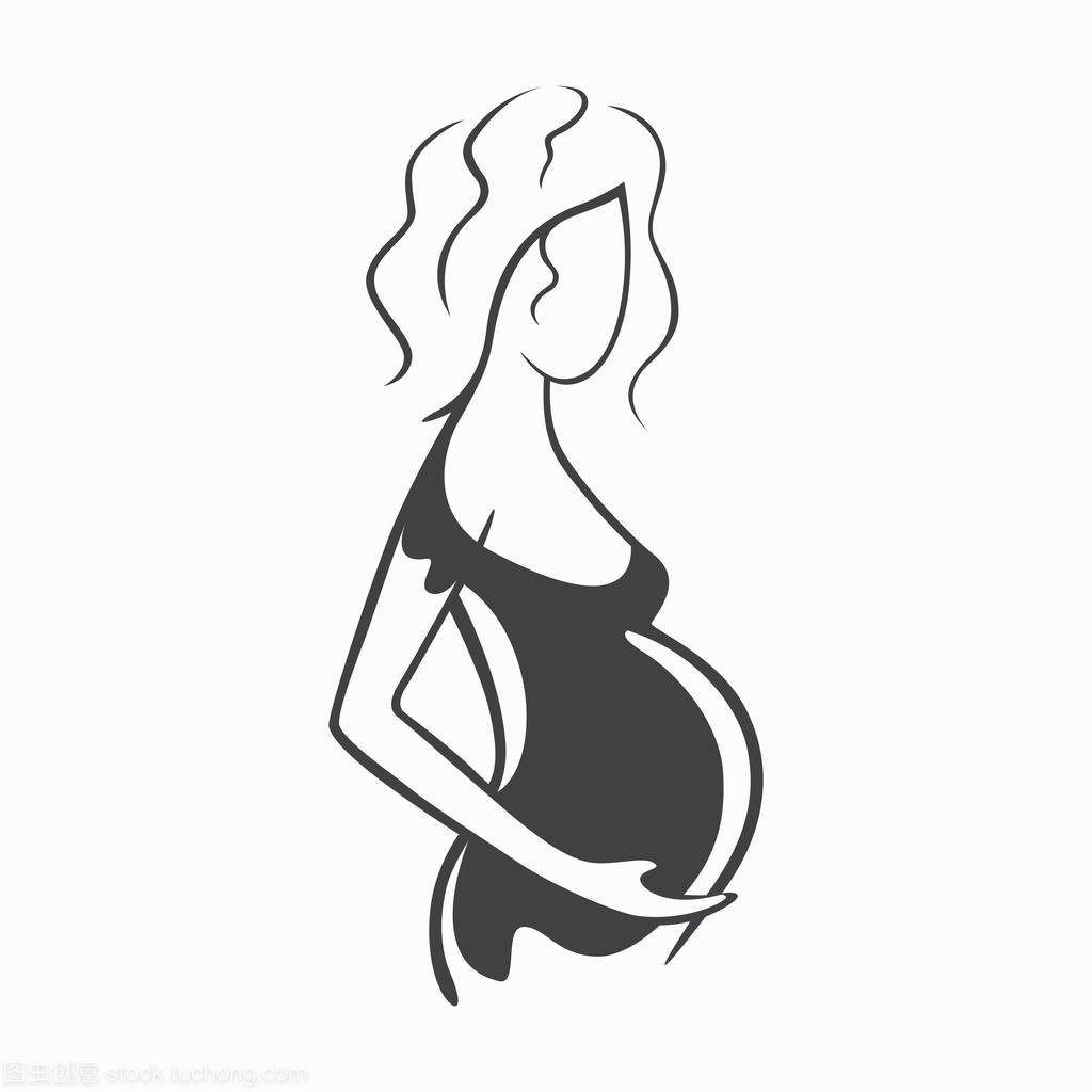 绘图线性漂亮怀孕女孩穿着黑色衣服。一个孩子