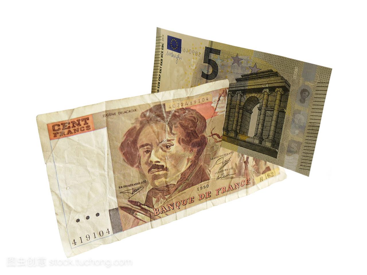法国 100 法郎被切断有 5 欧元的钞票
