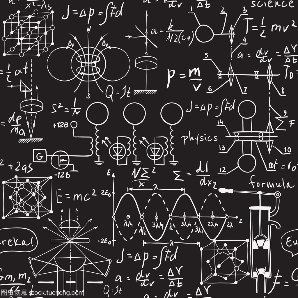 物理公式、 图形和黑板上的科学计算。老式手