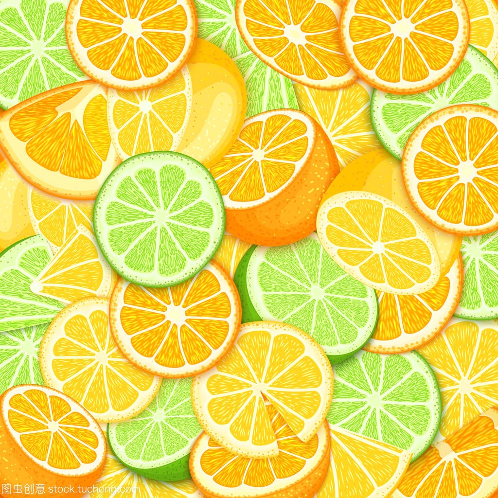成熟多汁热带橙石灰柠檬背景。矢量图卡。密集