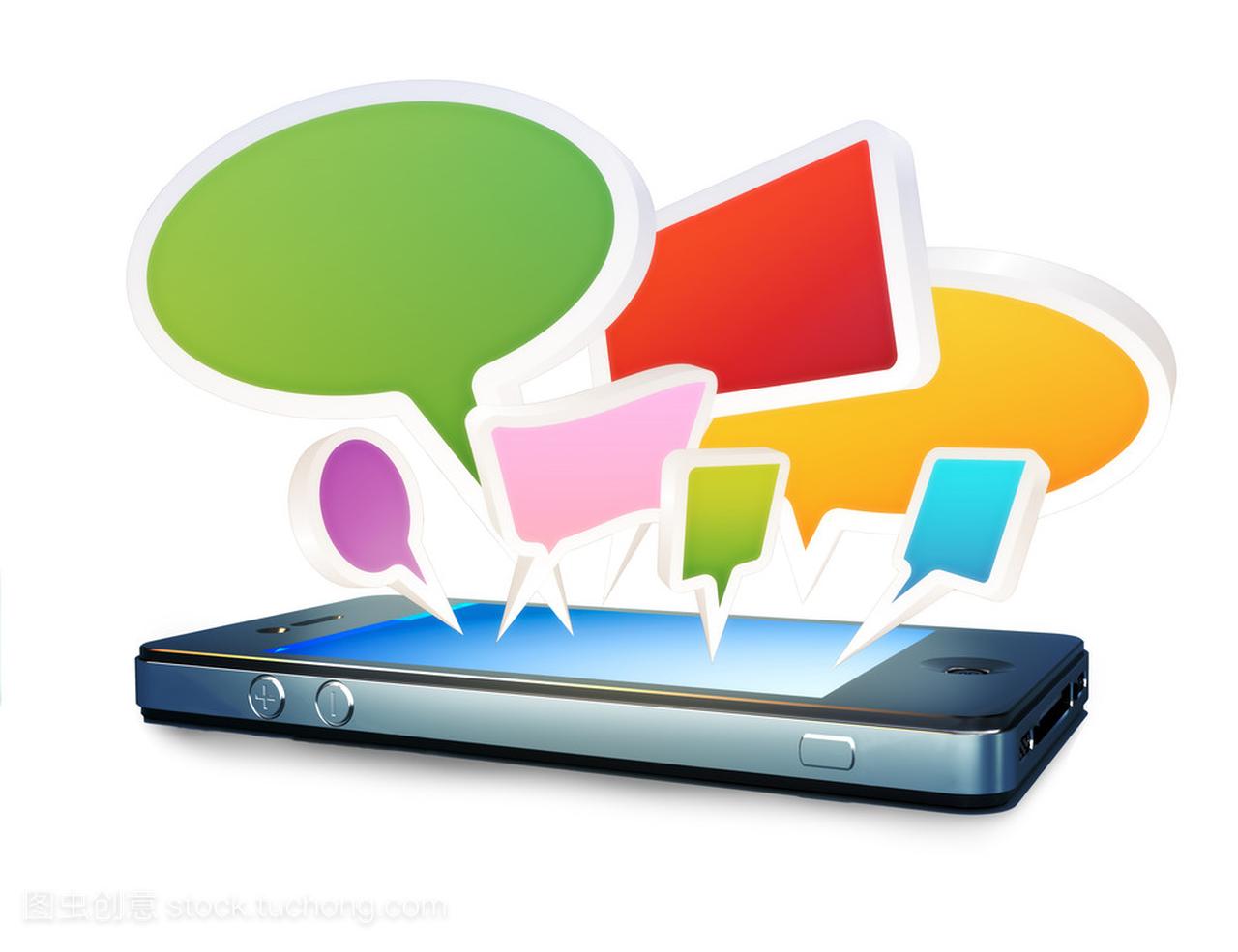 社会媒体的智能手机聊天气泡或气泡从屏幕在白