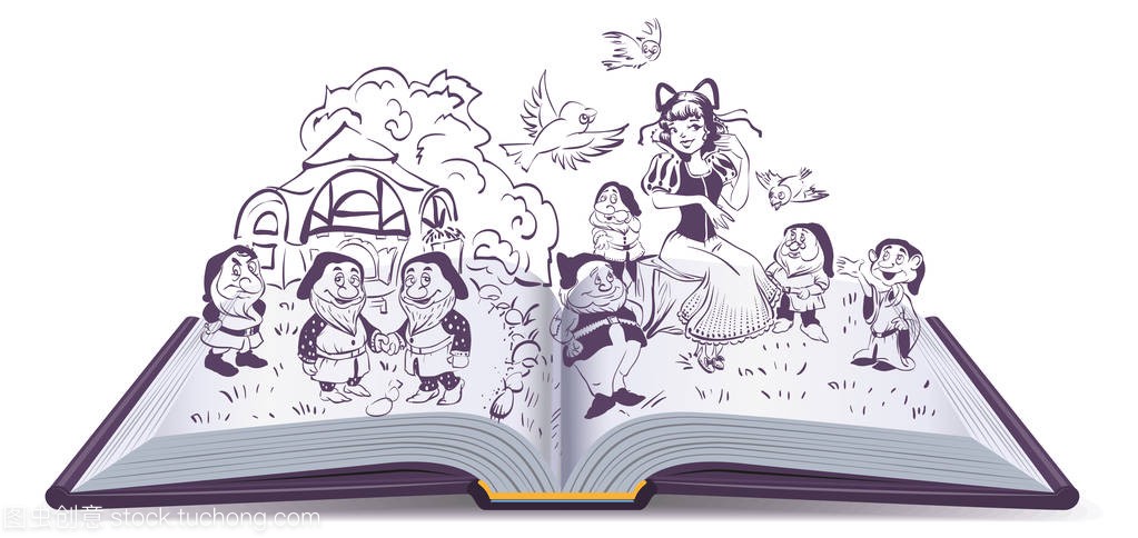 打开的书的插图。童话故事白雪公主和 7 个矮