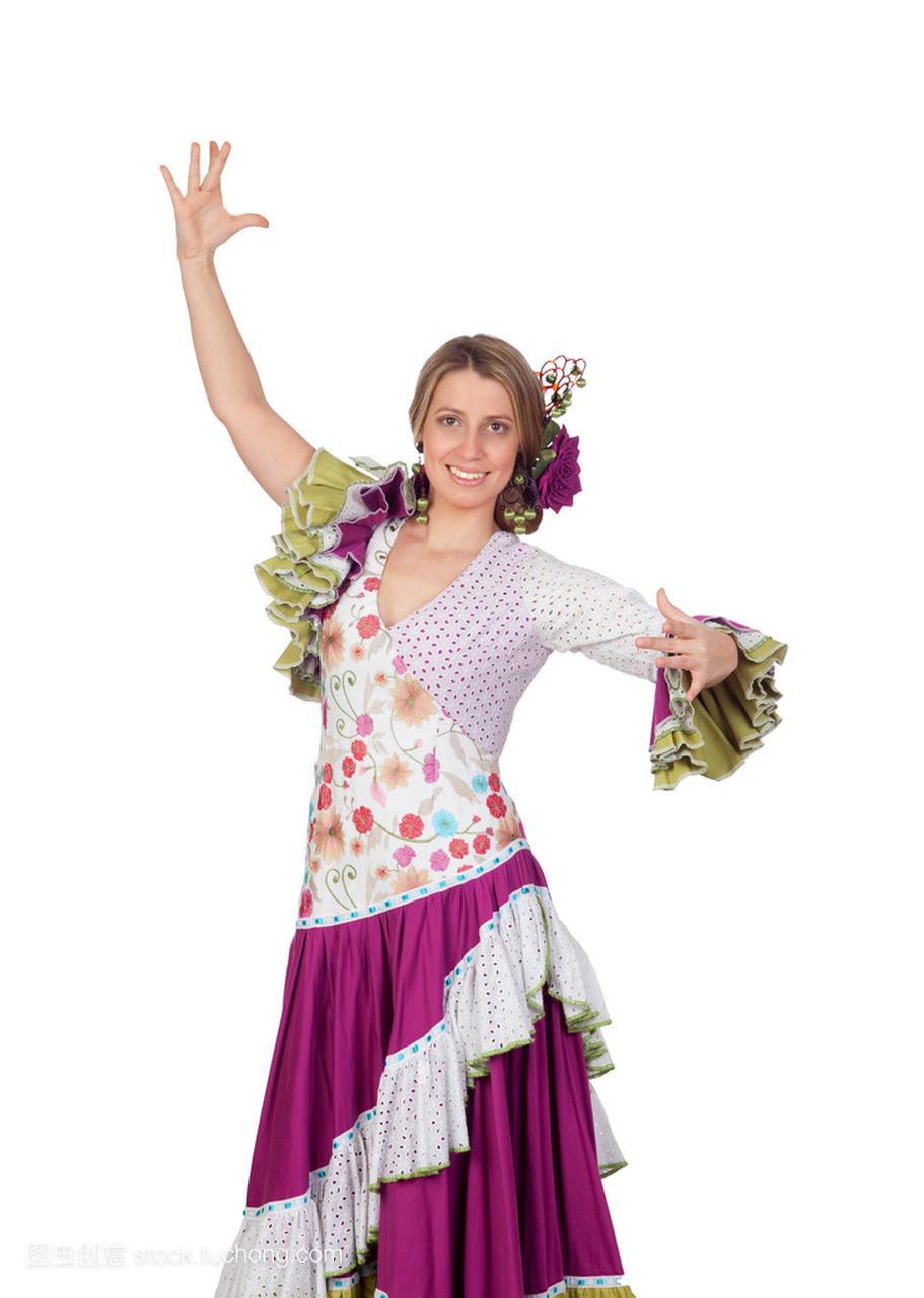 西班牙女孩穿着传统服饰安达卢西亚跳舞