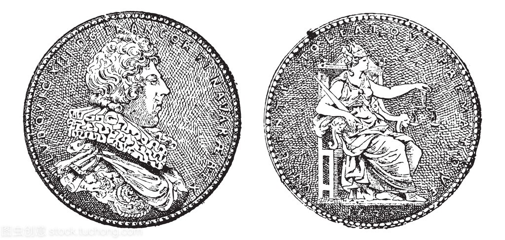 奖牌显示国王路易十三的法国,复古雕刻