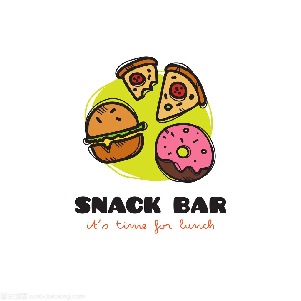 Vector funny cartoon style snack bar logo with burger, pizza and donut. Sketchy doodle cafe logo