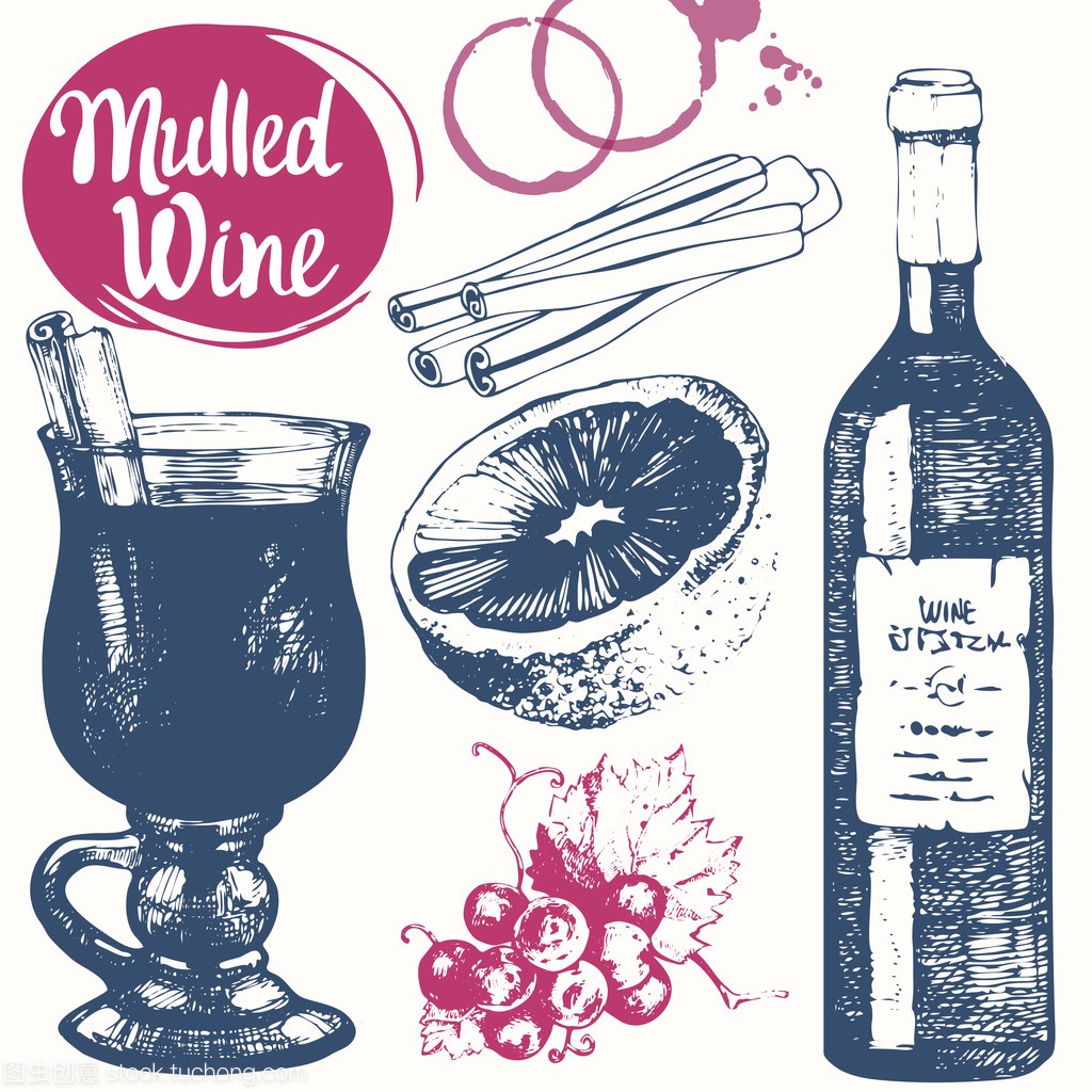Mulled wine set in sketch style. Classical winter