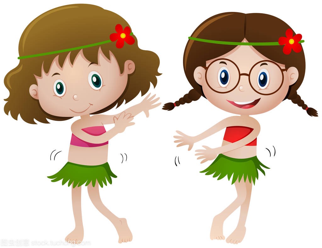 两个女孩在夏威夷服装跳舞