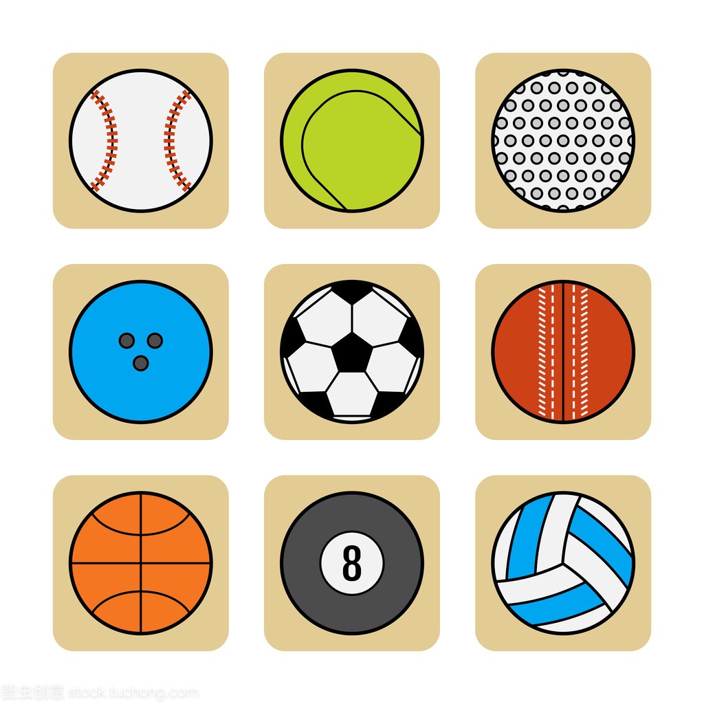 球类运动用品。一组平面颜色图标