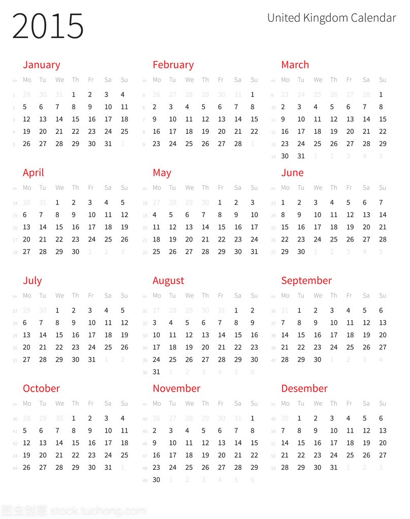 联合王国 2015 年与周数的日历
