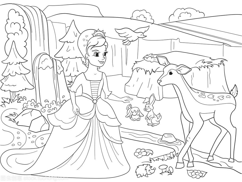 白雪公主在森林里与动物。故事,卡通,着色空白