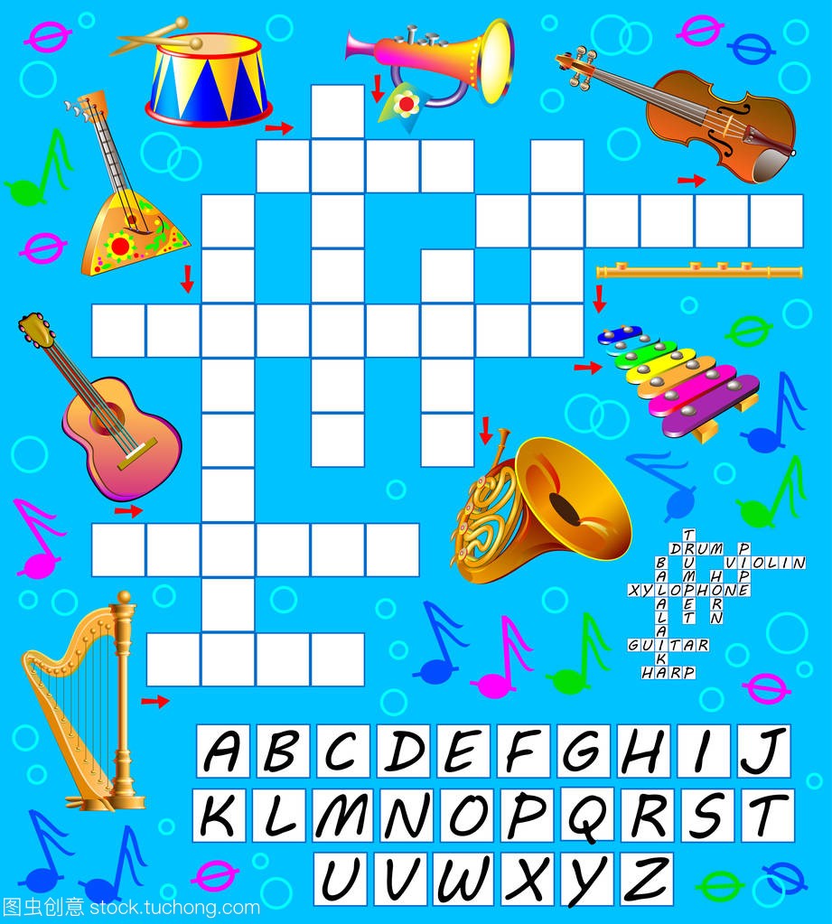 与乐器的纵横字谜游戏。研究英语单词儿童