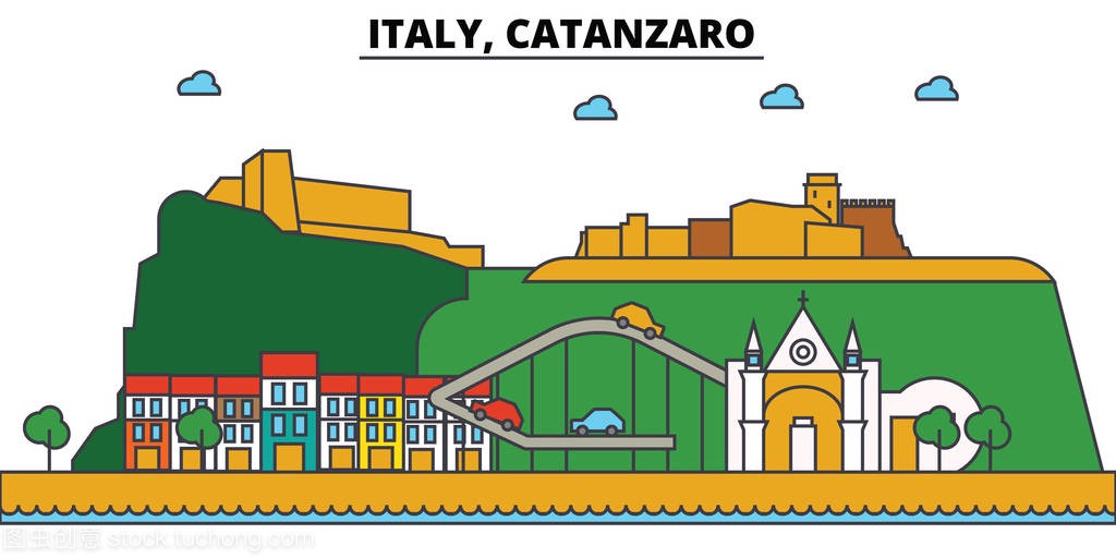 意大利,卡坦罗。城市天际线: 体系结构、 建筑物