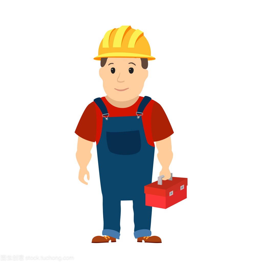 快乐卡通修理工或建筑工人戴着安全帽子。矢量
