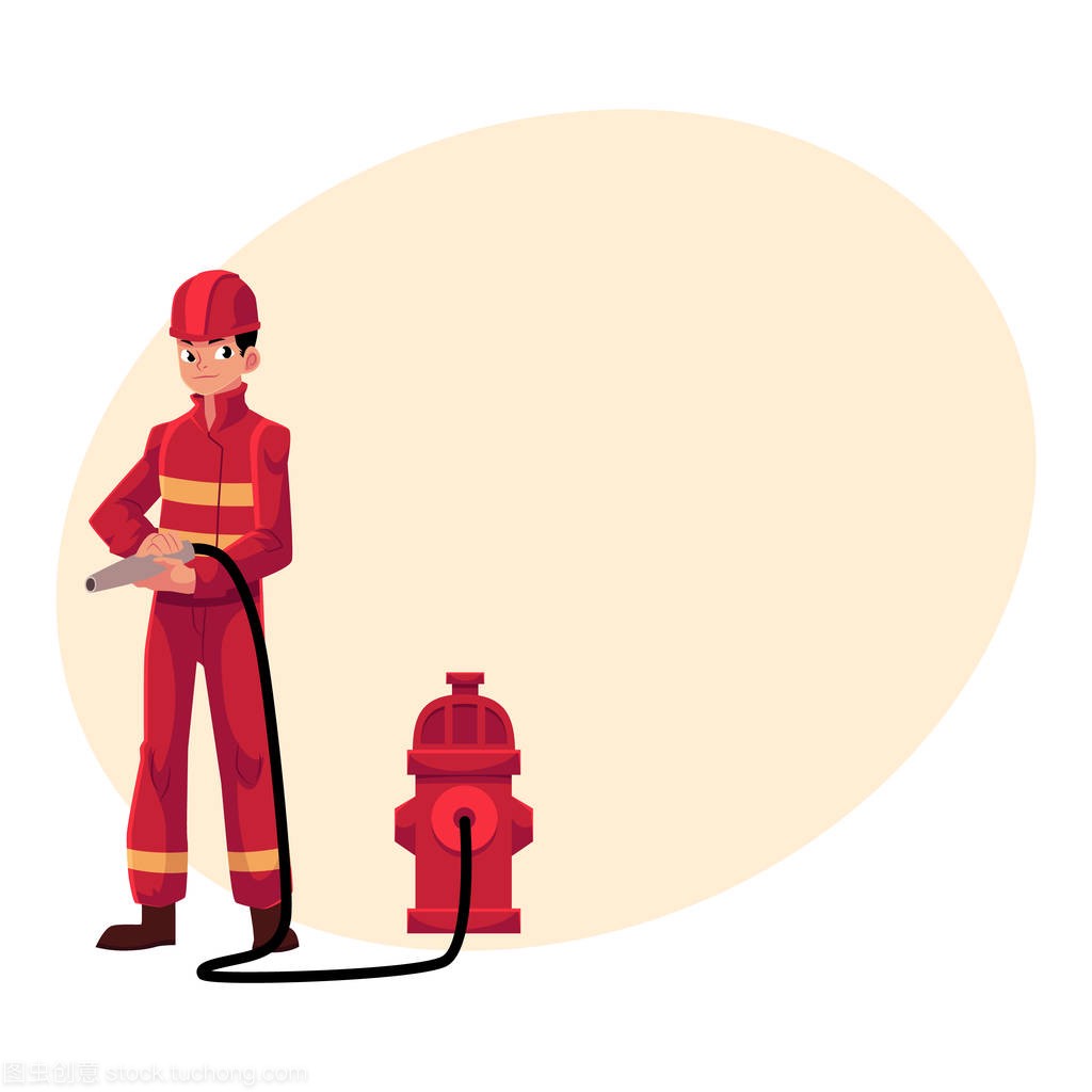 消防员,消防员在红色的防护服,拿着消防软管,消