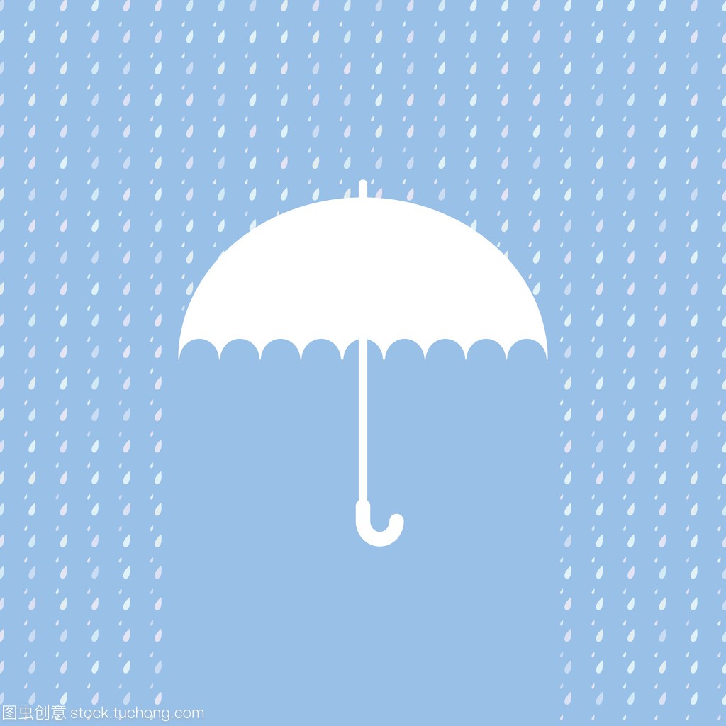 在蓝色背景上的白色伞象征。与雨模式的背景。
