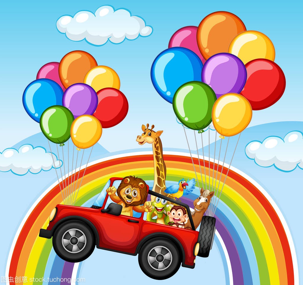 Wild animals in jeep over the rainbow