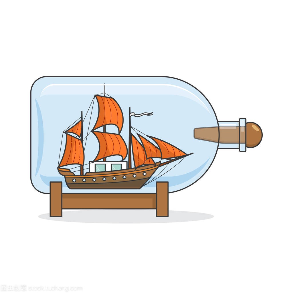 颜色与橙色船瓶子里。与帆船的旅行、 旅游、