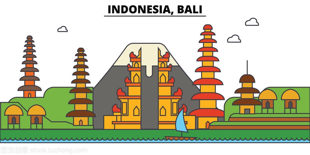 印度尼西亚,巴厘岛。城市天际线: 体系结构、 建