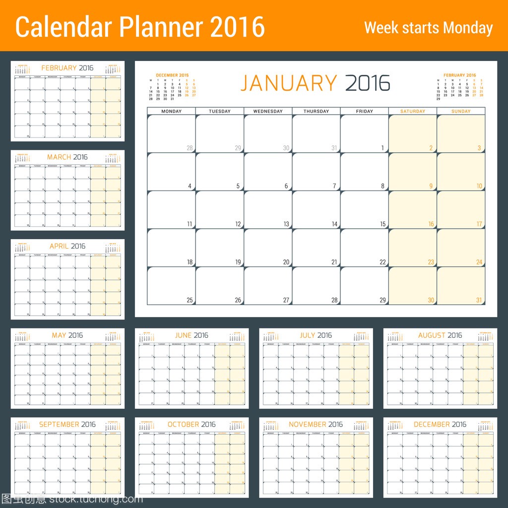 Calendar Set for 2016 Year. Vector Stationery 