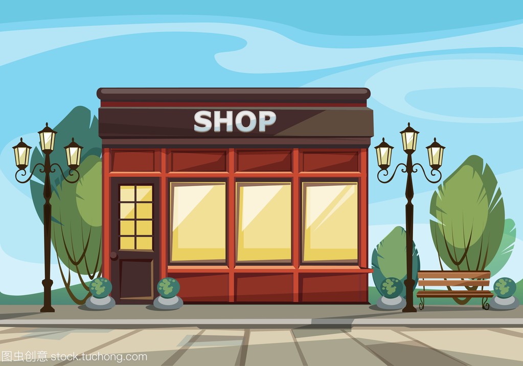 Shop Boutique Store with Windows, Greenery and Street Lanterns