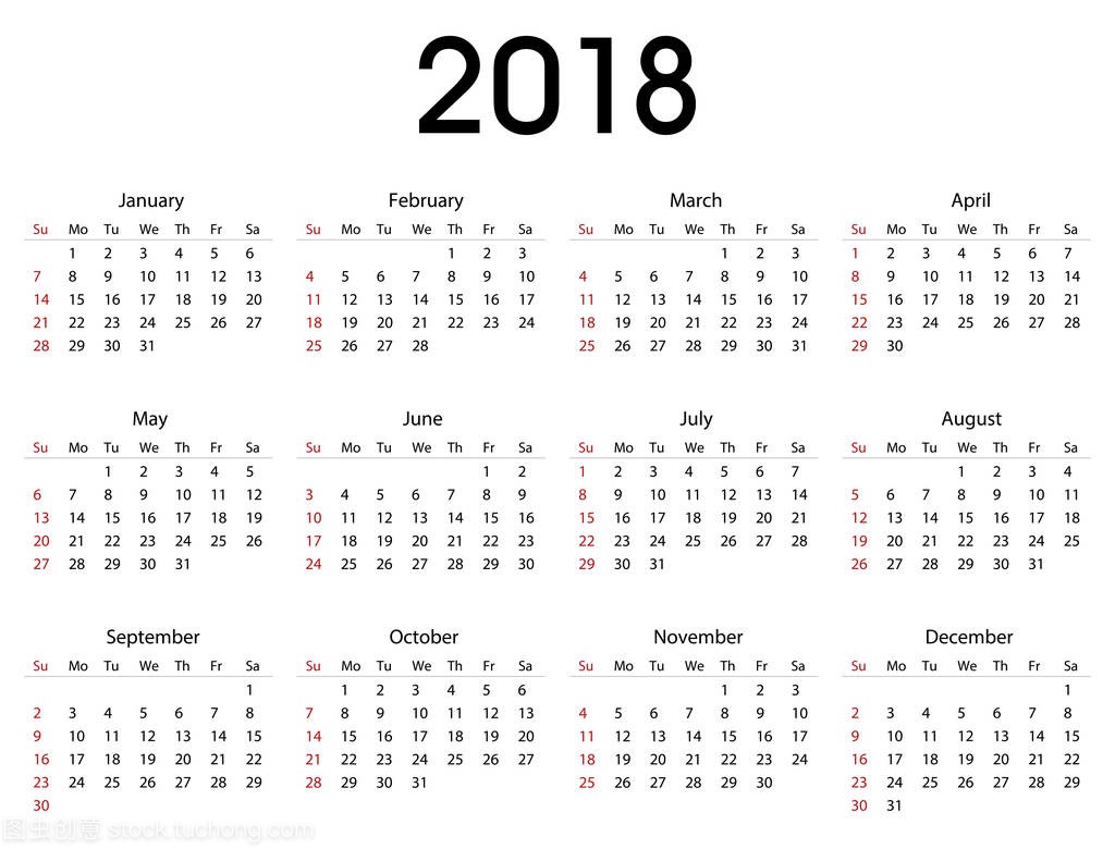 商业和私人使用的简单 2018年日历模板