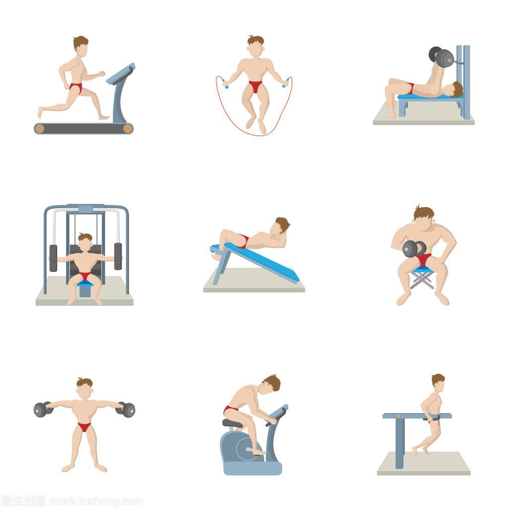 在健身房的图标集,卡通风格的运动类型
