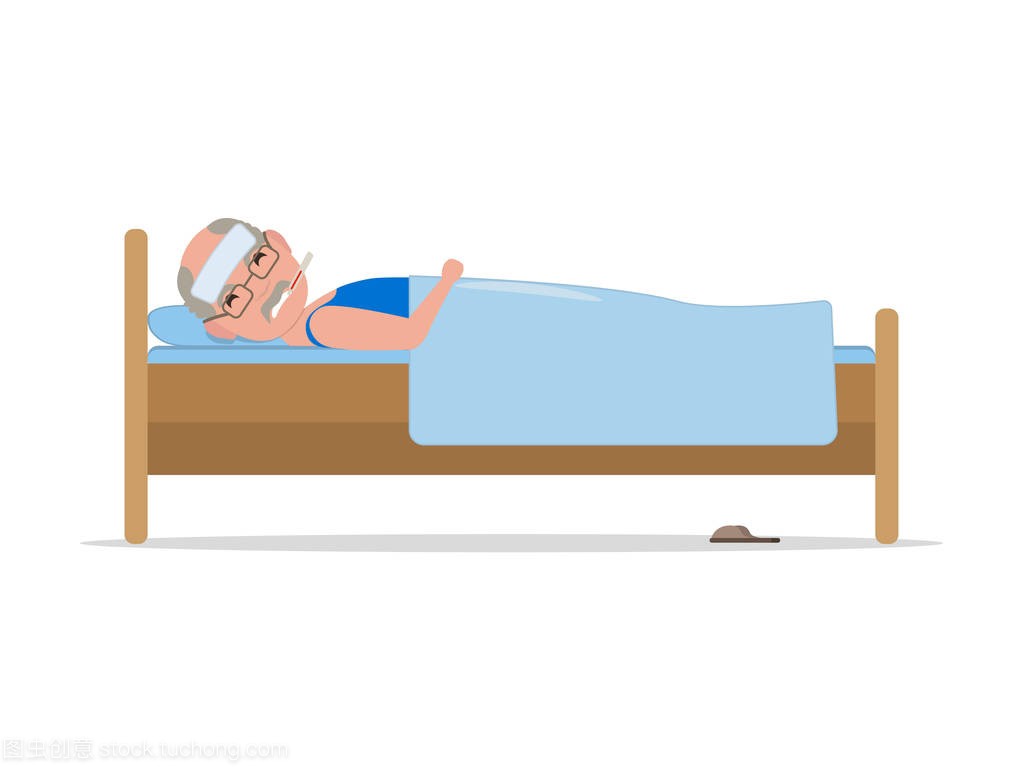 传染媒介动画片病的老人在床与流行性感冒