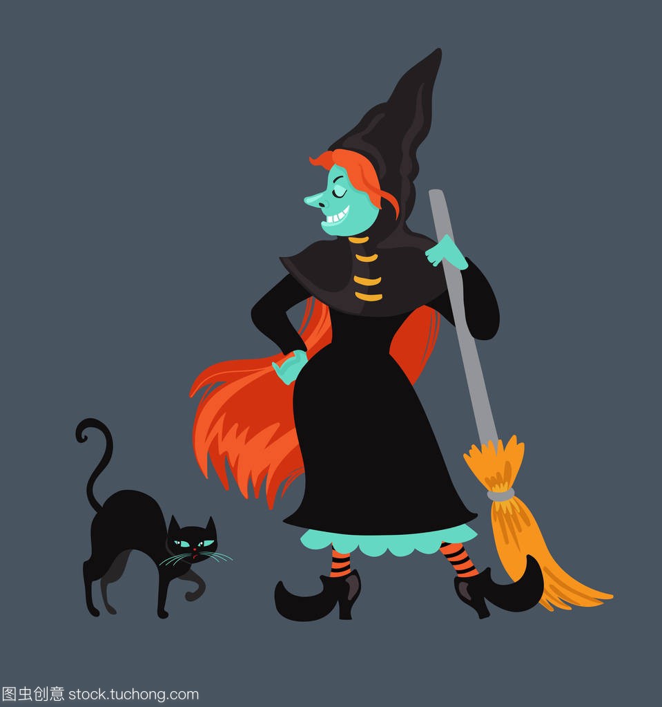 Red-haired  witch in black dress and cloak .