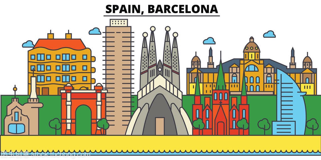 西班牙,巴塞罗那。城市天际线: 体系结构、 建筑