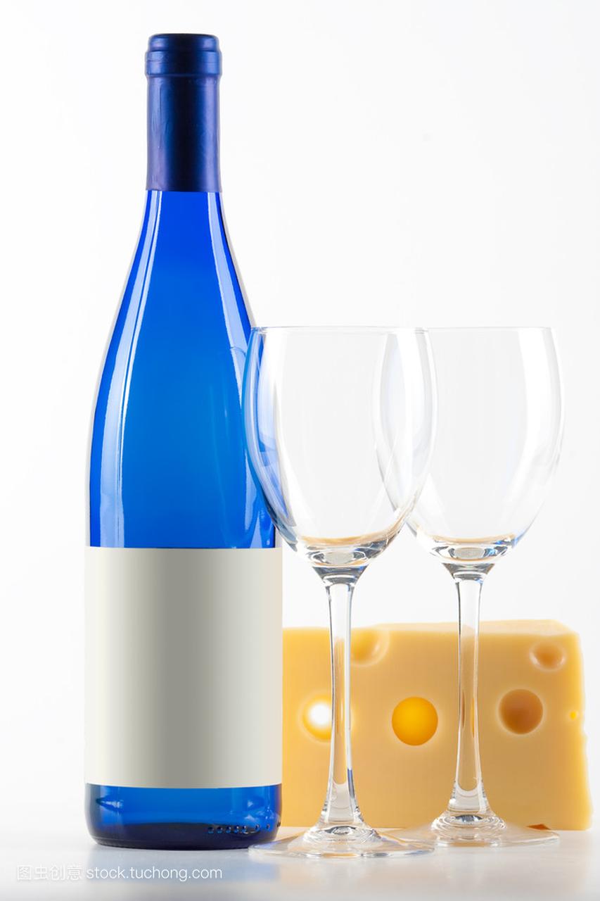 蓝瓶白葡萄酒,两个酒 glas