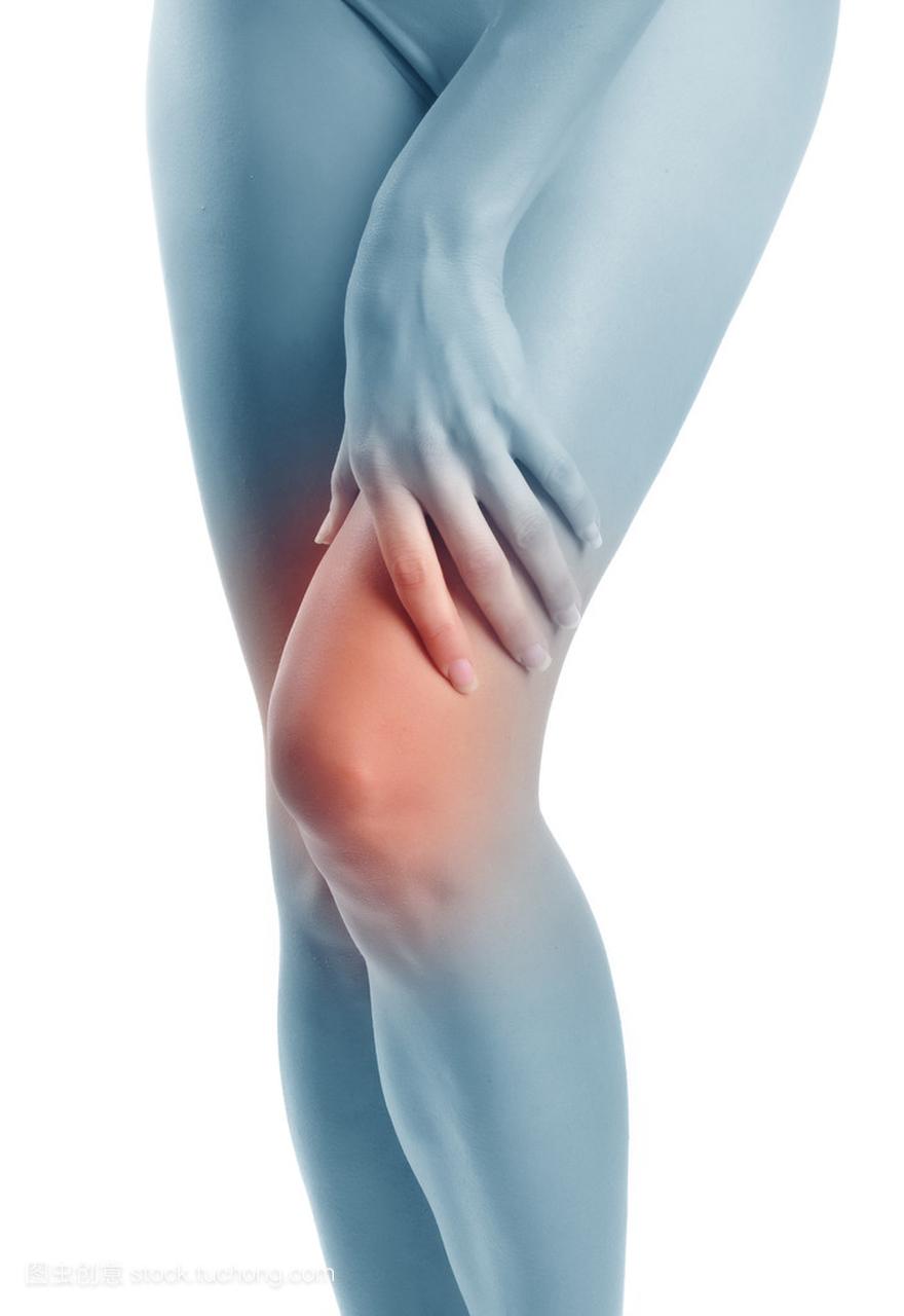在一个女人的膝盖的急性疼痛。概念照片