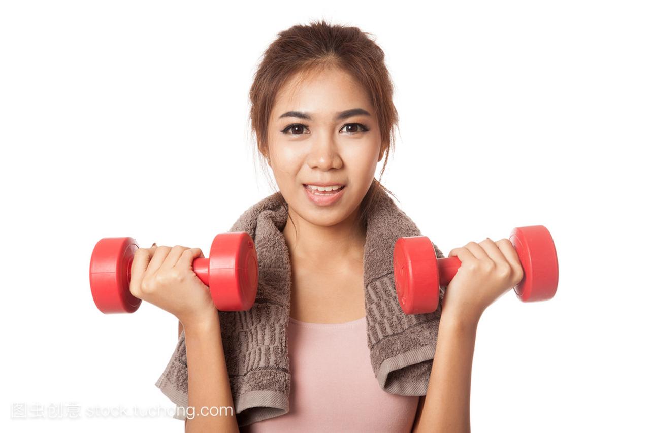 亚洲女孩健康与哑铃锻炼