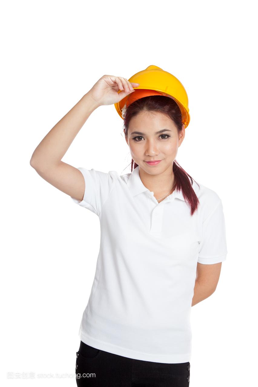 亚洲工程师女孩带的安全帽