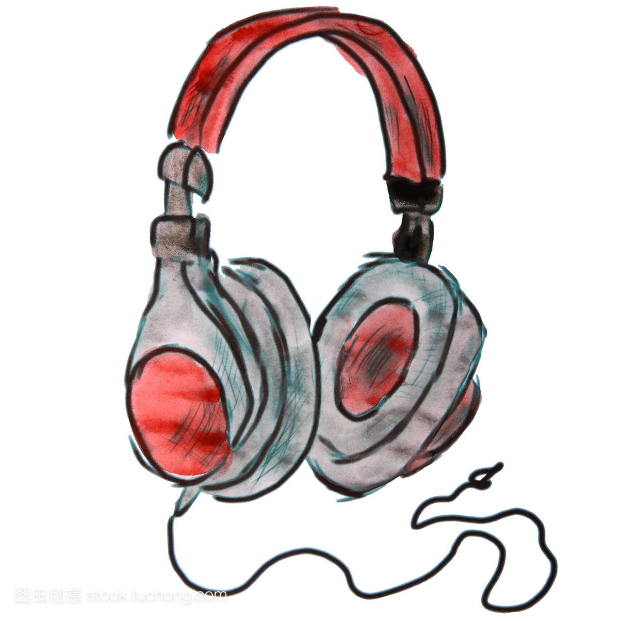 水彩漫画孤立在白色背景上的红色耳机