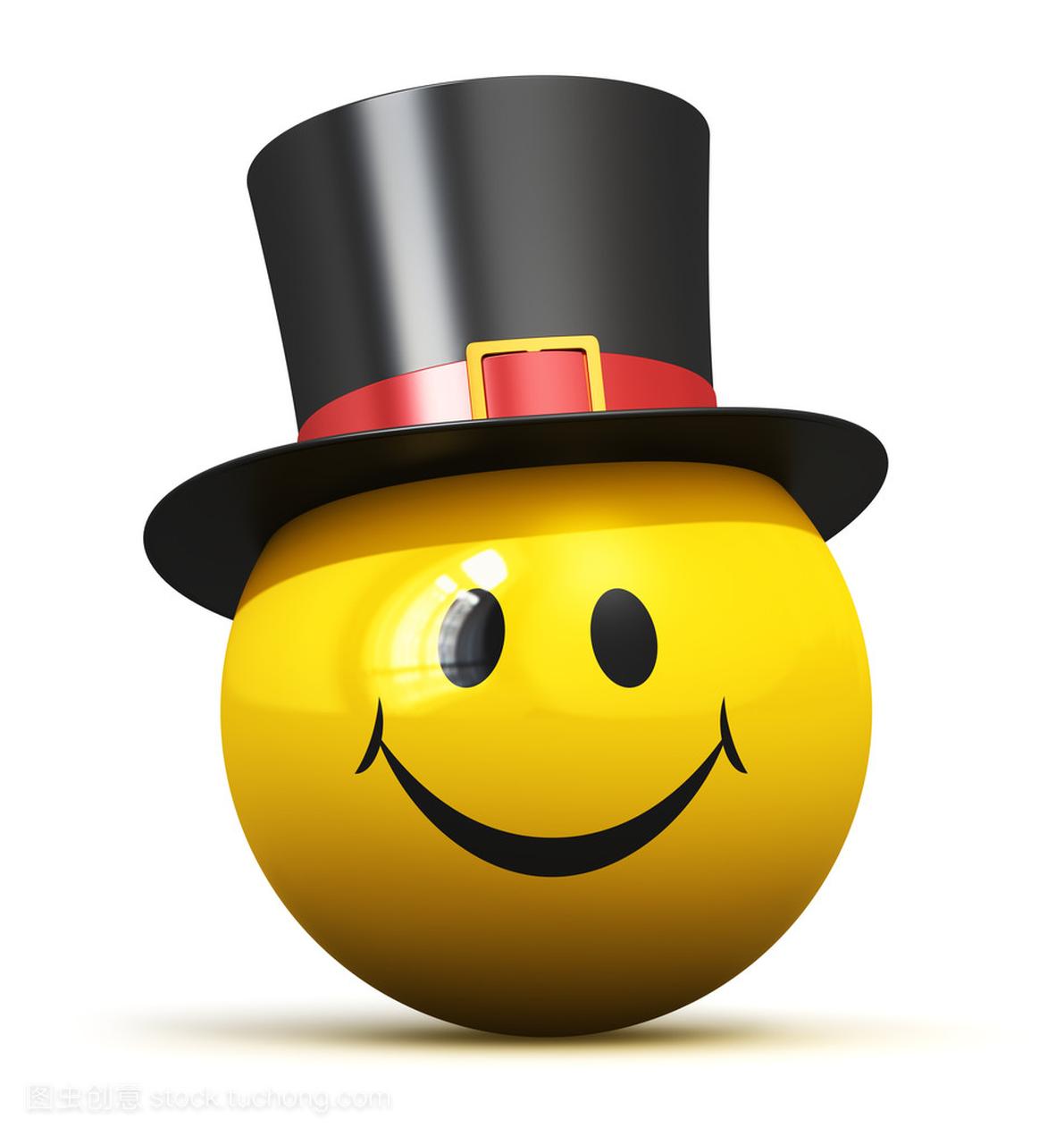 戴黑帽子的快乐黄色的笑脸图释