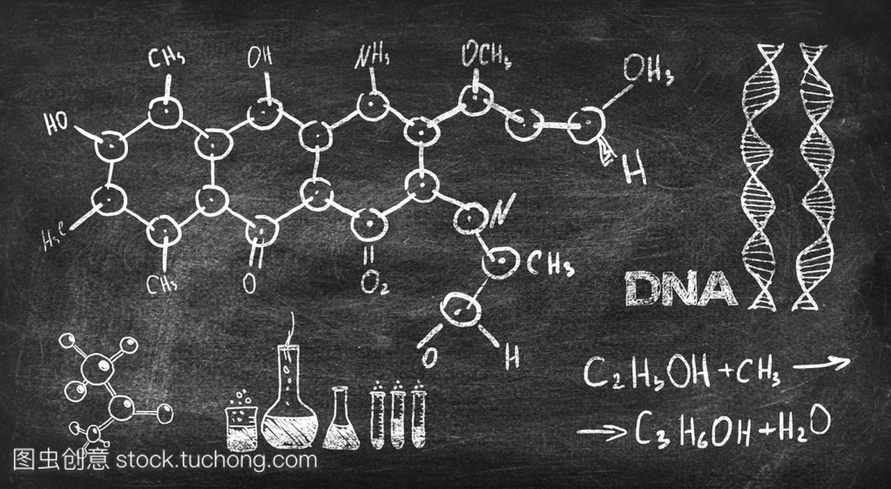 黑色粉笔板上绘图化学公式