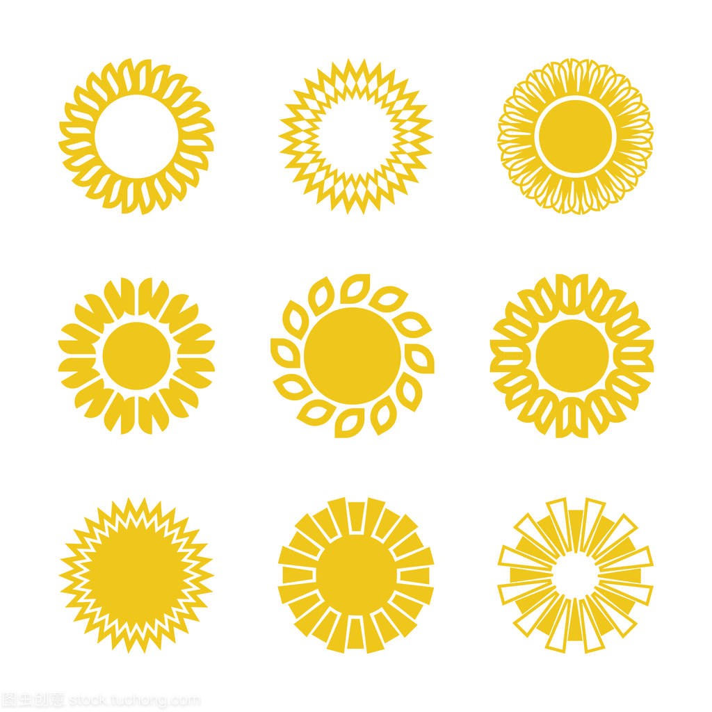 一组九个黄色图标的太阳