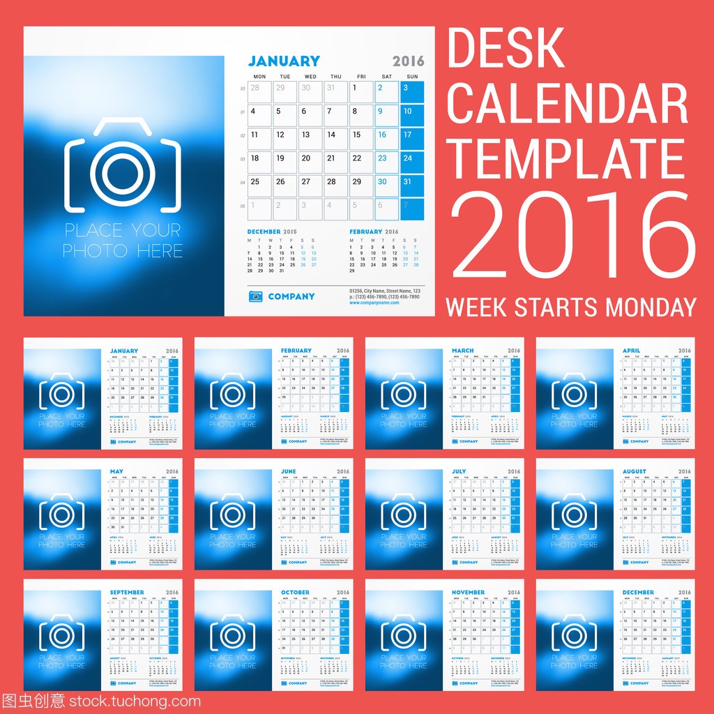Calendar Set for 2016 Year. Vector Stationery 