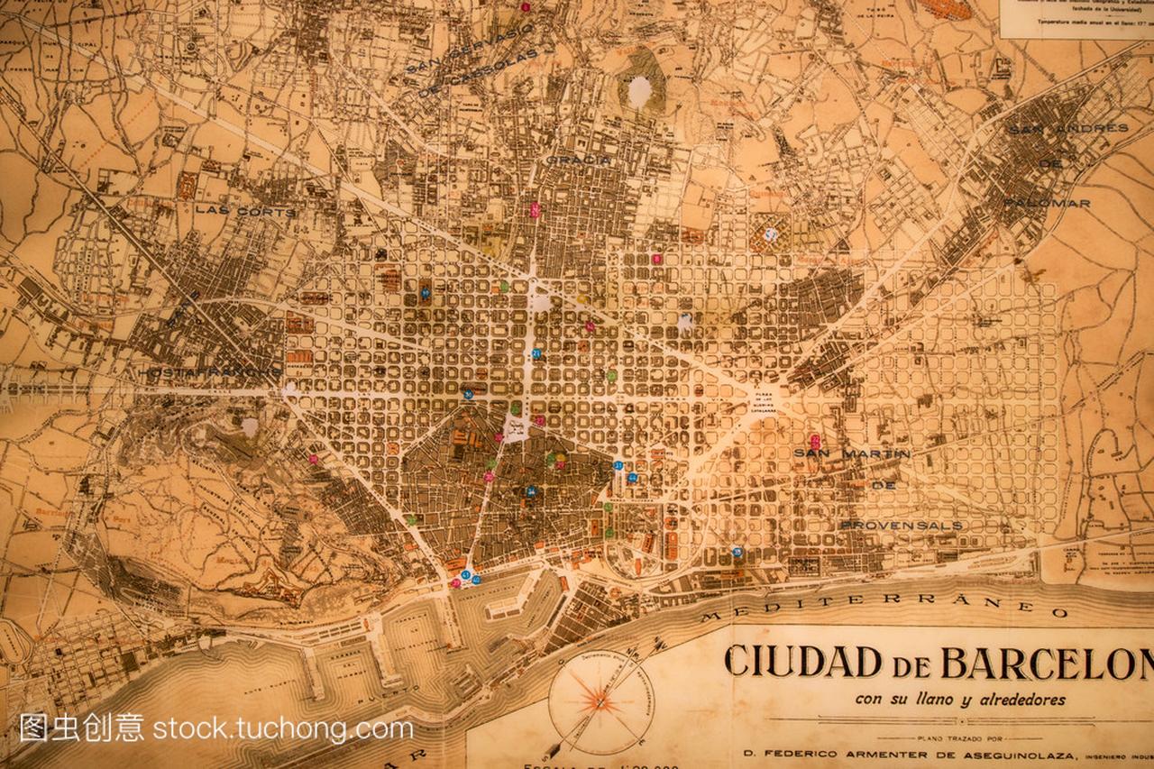 西班牙巴塞罗那市的古代电子地图