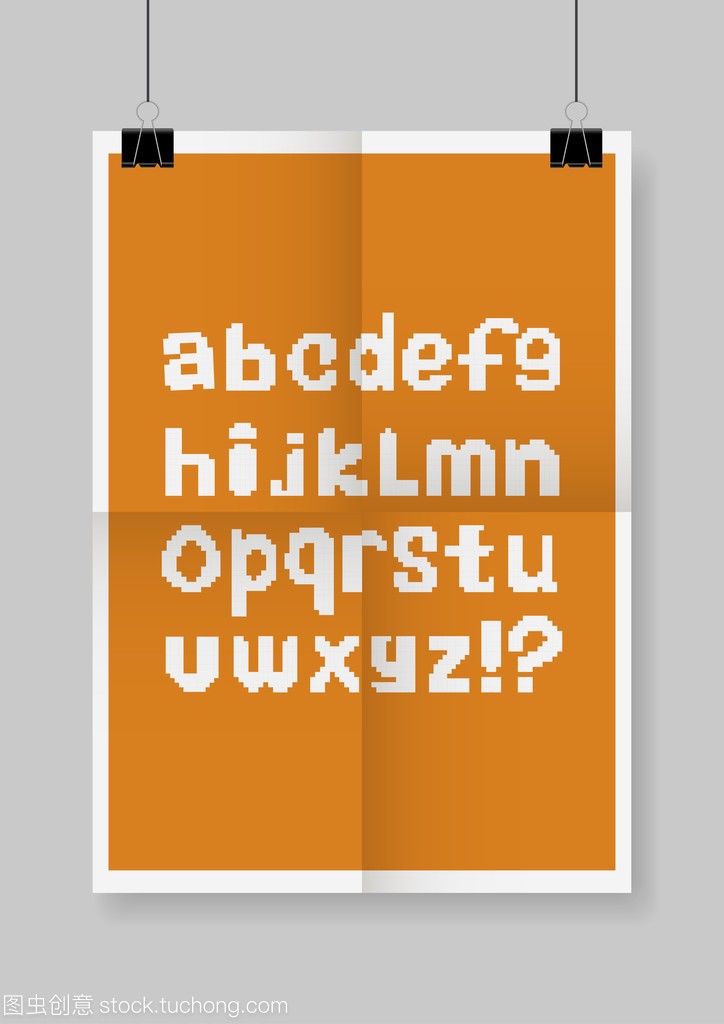英语字母表。两次折叠橙色海报带夹紧装置