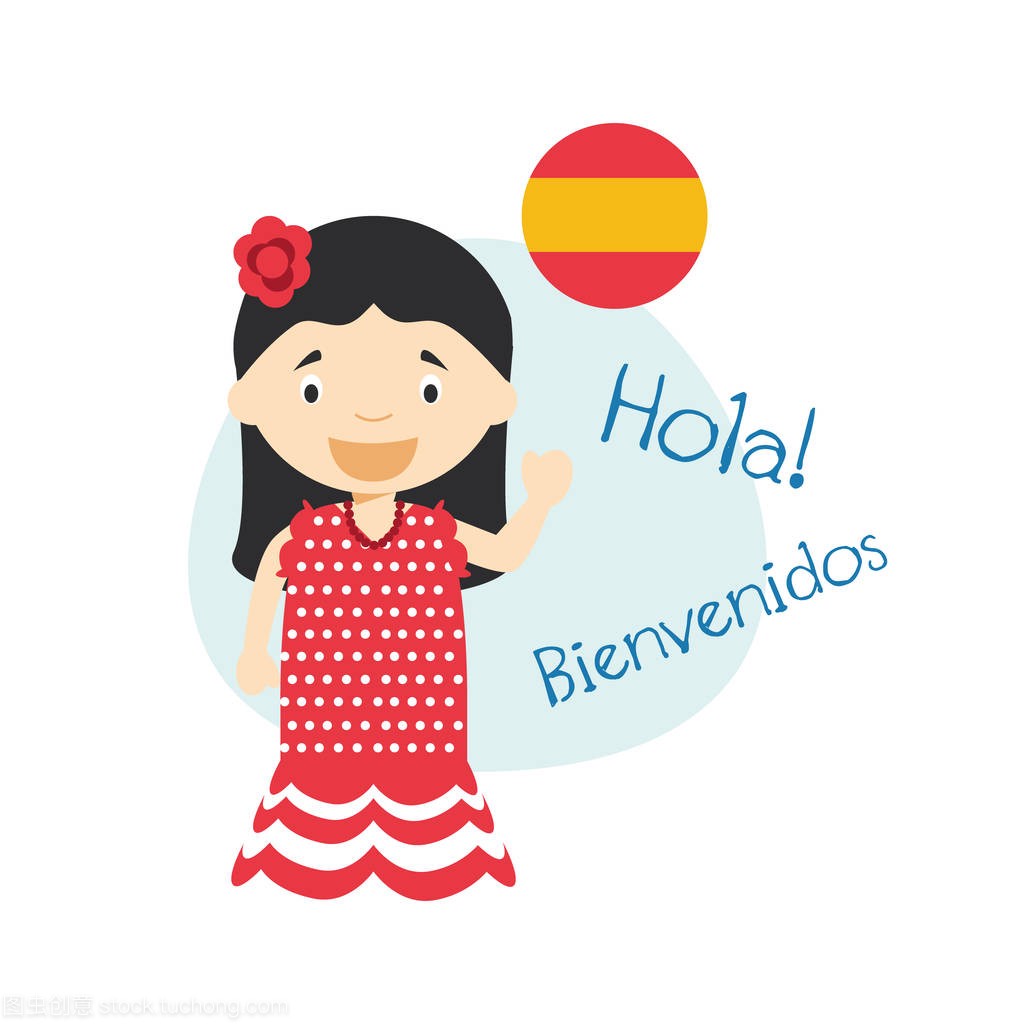 矢量图的卡通人物说你好和欢迎西班牙语