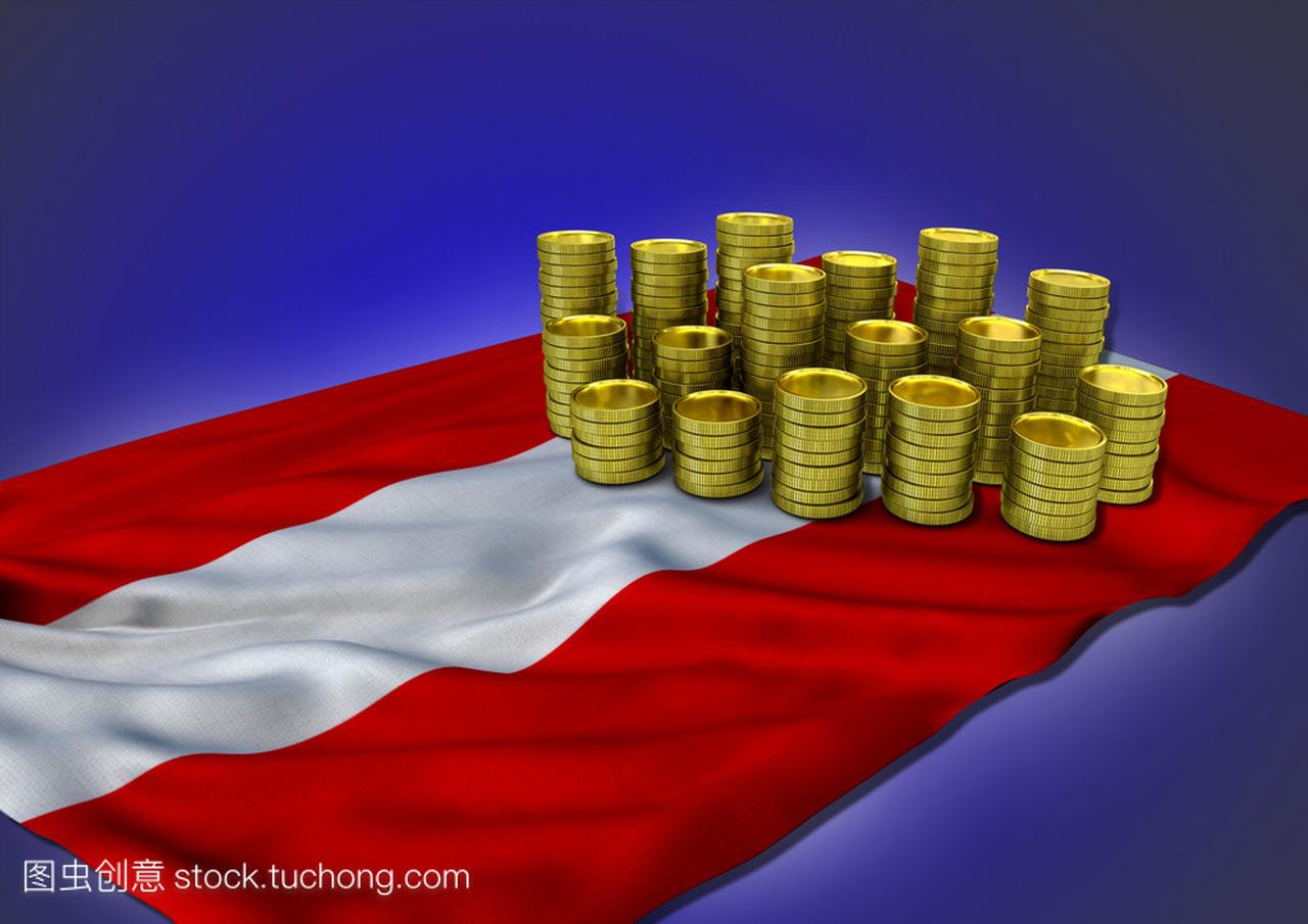 奥地利经济概念与国旗和黄金硬币-3d 渲染