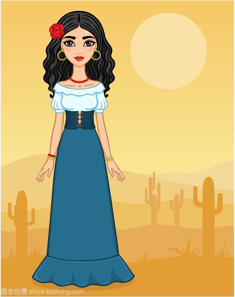在沙漠背景上的古代衣服穿的漂亮女孩