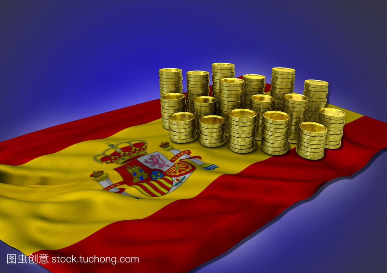 西班牙经济概念与国旗和黄金硬币-3d 渲染