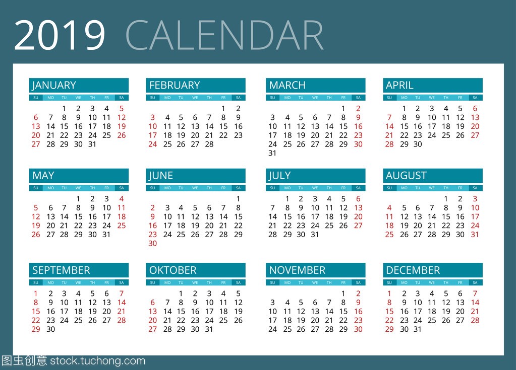 Calendar for 2019. Week Starts Sunday. Simp