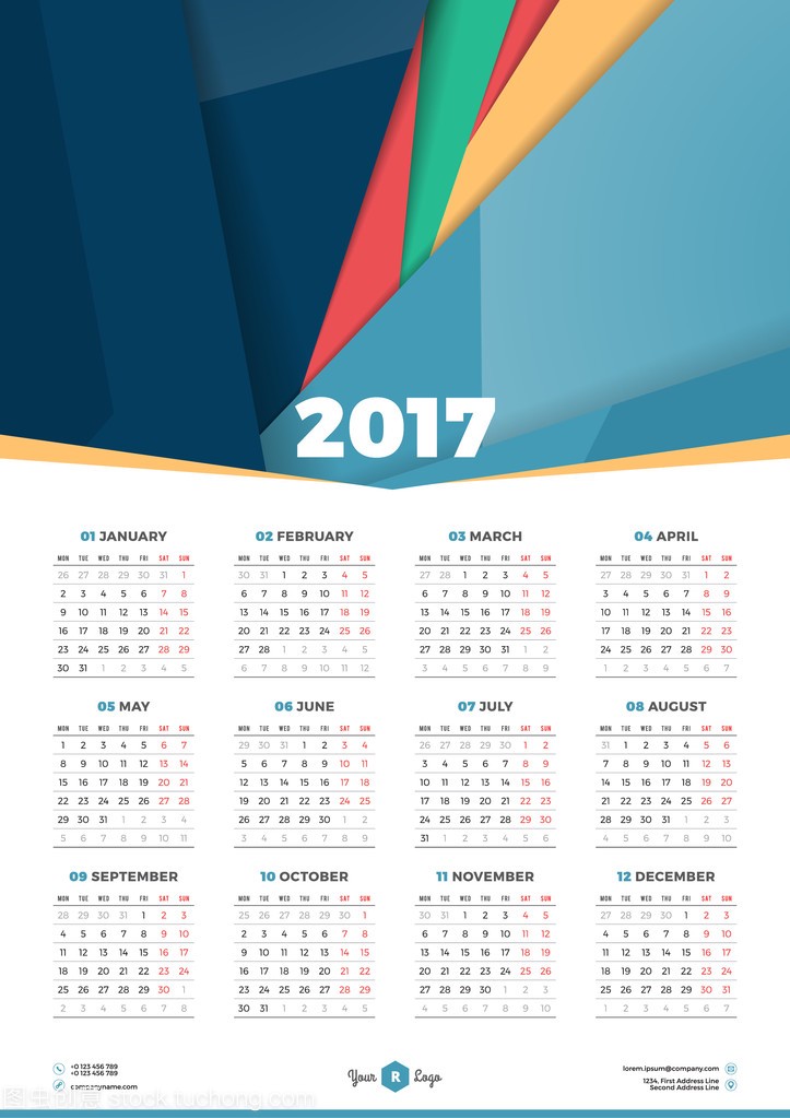Calendar Design Template for 2017 Year. Wee